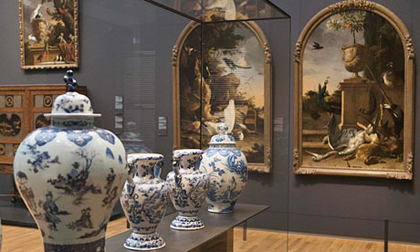 Delftware vases are on display in the 17th century gallery of the Rijksmuseum in Amsterdam