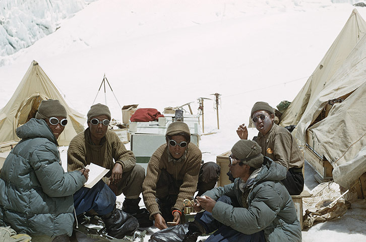 everest: Everest sherpas at Camp IV eating and resting