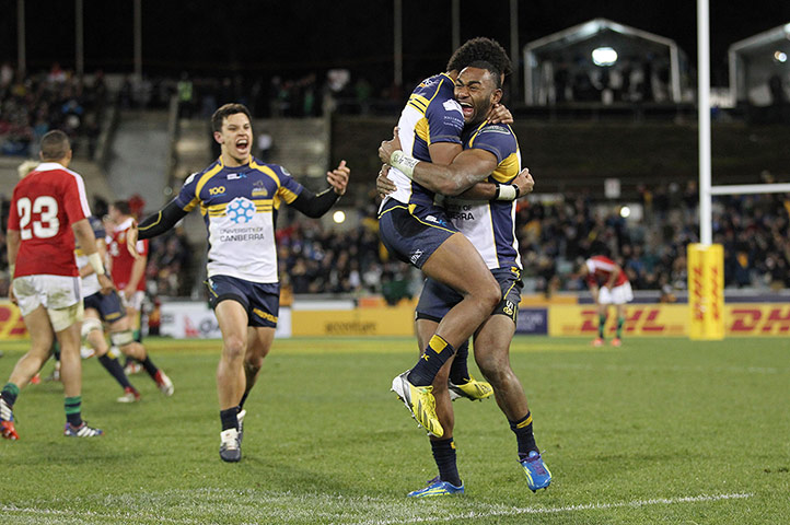 Lions: Tevita Kuridrani and Henry Speight celebrate