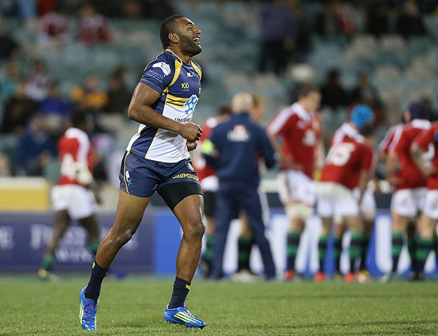 Lions: Tevita Kuridrani of the Brumbies celebrates after scoring a try 
