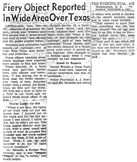 Reports of a UFO sighting in Levelland, Texas in 1957.