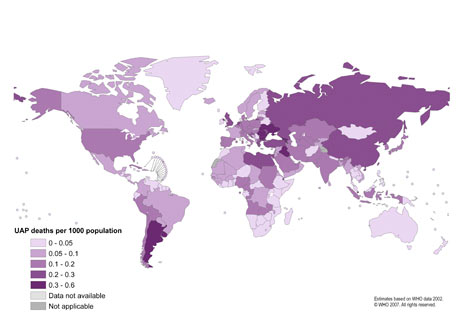 WHO pollution deaths per 1000 capita map