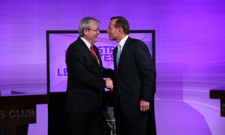 The Prime Minister Kevin Rudd and the Leader of the Opposition  Tony Abbott at the first election debate at the National Press Club, Canberra, Sunday 11th August 2013.
