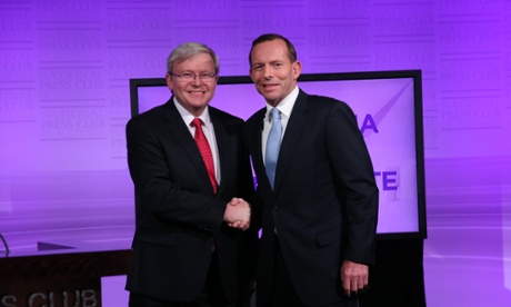 The Prime Minister Kevin Rudd and the Leader of the Opposition  Tony Abbott at the first election debate at the National Press Club, Canberra, Sunday 11th August 2013.