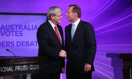 Prime Minister Kevin Rudd and the Leader of the Opposition  Tony Abbott at the first election debate at the National Press Club, Canberra, Sunday 11th August 2013.