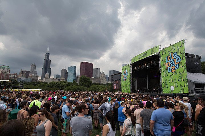 Lollapalooza: The Chicago skyline behind the Lollapalooza Festival