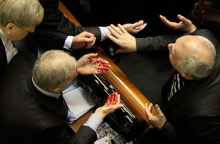 20 Photos: Ukrainian lawmaker Volodymyr Malyshev wipes blood from his face