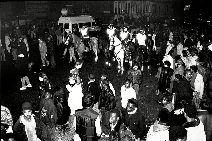 Brixton: Mounted police control crowds of fans as they leave Brixton Academy in 1987