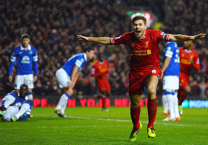 Tuesday's games: Steven Gerrard of Liverpool celebrates after scoring the opening goal
