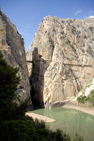 Most of the path on the Caminito del Rey consists of rickety wooden planks and is barely three feet in width. It is supported by steel rails, which have deteriorated over the years. Although few of the original handrails remain, a safety wire runs along the side