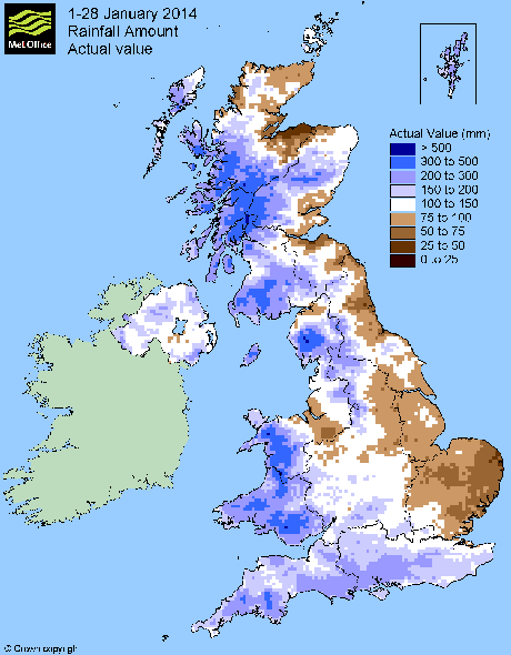 Map Uk Floods 2014 Met Office actual January rainfall