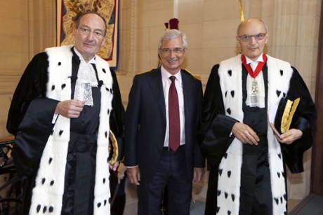 (From left to right) French Court of auditors' general attorney Gilles Johanetand, President of the French national Assembly Claude Bartolonne, and President of the French Court of auditors Didier Migaud pose, on January 9, 2014 in Paris, prior to a formal sitting of the Court of auditors.
