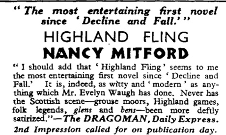 Advert in the Observer for Highland Fling by Nancy Mitford, 15 March 1931