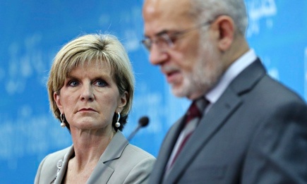 Australian foreign minister Julie Bishop, left, listens to her Iraqi counterpart Ibrahim al-Jaafari speaking during a news conference in Baghdad. Photograph: Khalid Mohammed/AP