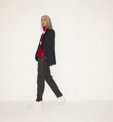 A model wearing crisp white trainers