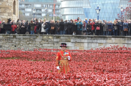 The two minute silence is observed at the 'Blood Swept Lands and Seas of Red' poppy installation at The Tower of London.