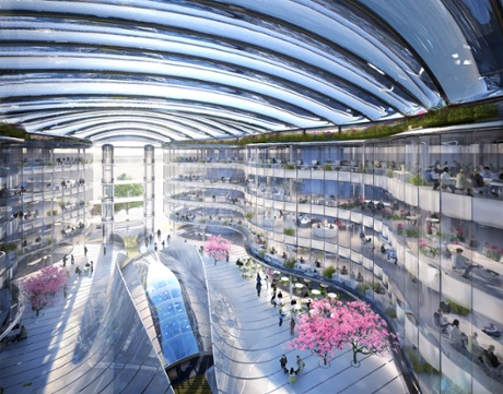 FIsh-eye lens … The atrium of the biomimetic office is inspired by the diverticular eye of the spookfish, to reflect light deep into the office floors.