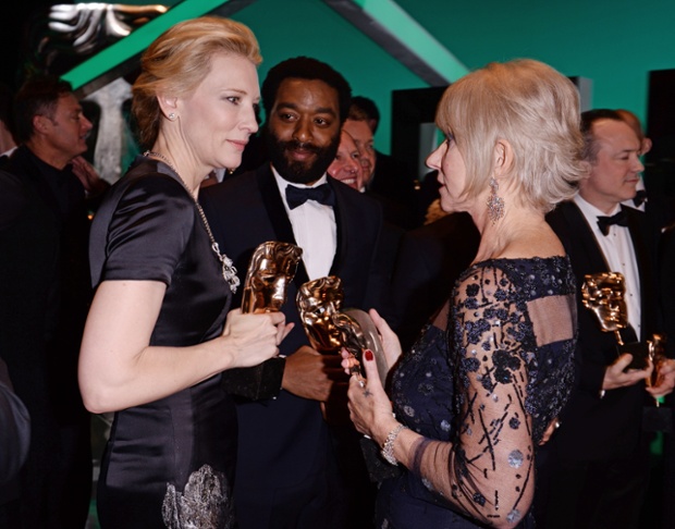 Winners' circle ... Cate Blanchett, Chiwetel Ejiofor and Helen Mirren compare their awards.