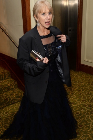 Helen Mirren in dress en route to the do. Blazer - not model's own.