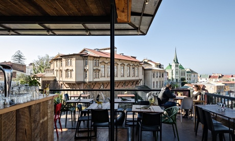 View of Valparaíso from the Hotel Fauna’s rooftop bar.