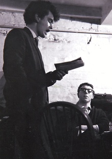 Brian Patten and Roger McGough, sitting, in the Everyman bistro