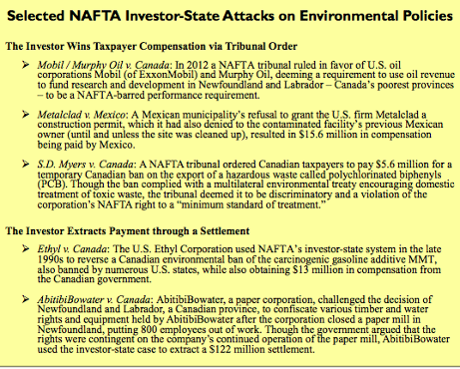 Table of foreign investor-state cases and claims under NAFTA and Other U.S. trade deals. Source: Public Citizen