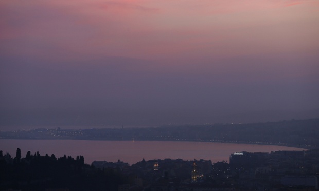 A foggy view of the bay of Nice, known as 