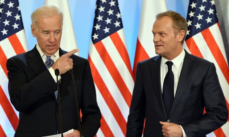 US Vice President Joe Biden (L) and Polish Prime Minister Donald Tusk address a press conference after their meeting in Warsaw, Poland on 18 March, 2013.