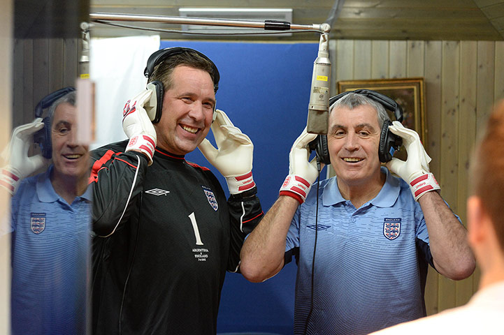 footballers singing: David Seaman and Peter Shilton