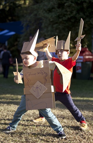 WOMADelaide 2014: Patrick, 4 and Mally, 6, from Melbourne, play with their boxwars outfits