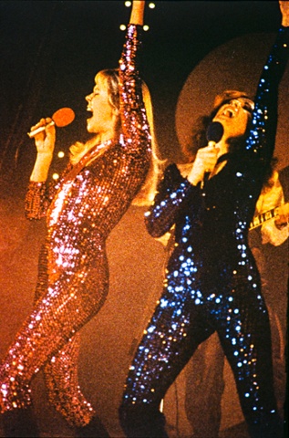 Agnetha and Frida in sequinned catsuits, recording a TV special in Tokyo, 1978.