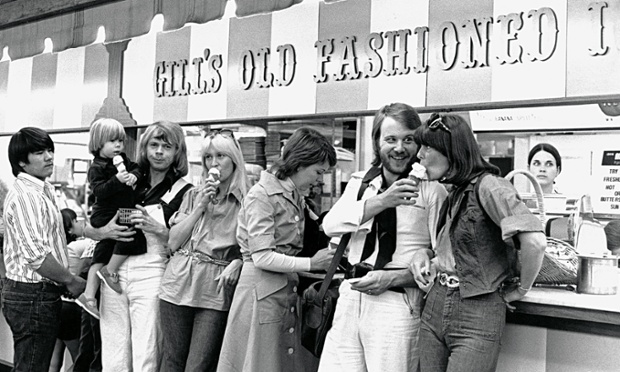 Touring was a family affair - the band are seen here in 1975 at a farmers market in Los Angeles with Bjorn's sister Eva, and daughter Linda.