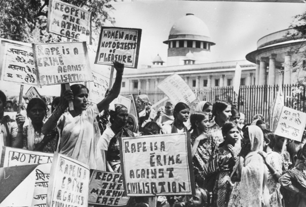 Members of the 'National Federation of Indian Women' demonstrating outside the Supreme Court, New Delhi as they demand the re-opening of the 'Mathura rape case'.