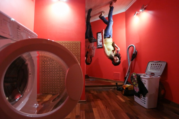 Visitors walk through the corridor