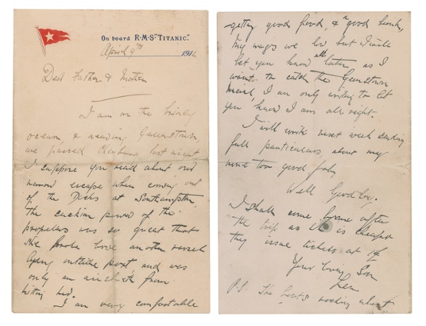 A letter written by one of the ship's Turkish bath attendants, Leanord Taylor, to his parents in Blackpool, and bearing a Queenstown postal cancellation with a partially-legible date. Only 18 years old, Taylor signed on as a Turkish bath attendant on board the luxury liner on April 6. His pay was slightly more than £4 per week.