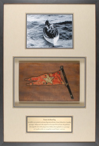 An incredibly scarce bronze flag, removed from a Titanic lifeboat. Amazingly, this listing is also accompanied by the original travel receipt of Istivan Osatai, who removed the plaque, showing that he was a passenger on the Carpathia on the very voyage that rescued the Titanic’s survivors.