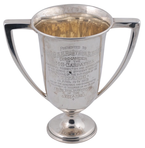 The original sterling silver Loving Cup, presented to Captain Arthur Rostron of the Carpathia by Titanic survivor Margaret “Molly” Brown. The text reads: 