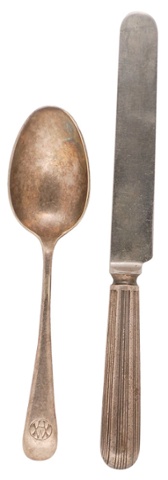 A knife and spoon once used in the management offices of Harland and Wolff. Cutlery of this quality would not have been used by ordinary shipyard workers but instead would have been used by senior management officials of the shipyard.