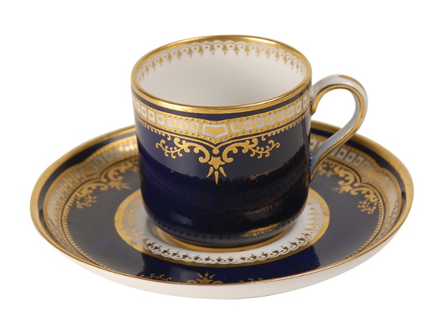 A stunning cobalt blue demitasse cup and saucer designated for the Titanic. This extremely rare set is believed to have been destined for the first class a la carte restaurant aboard the Titanic.
