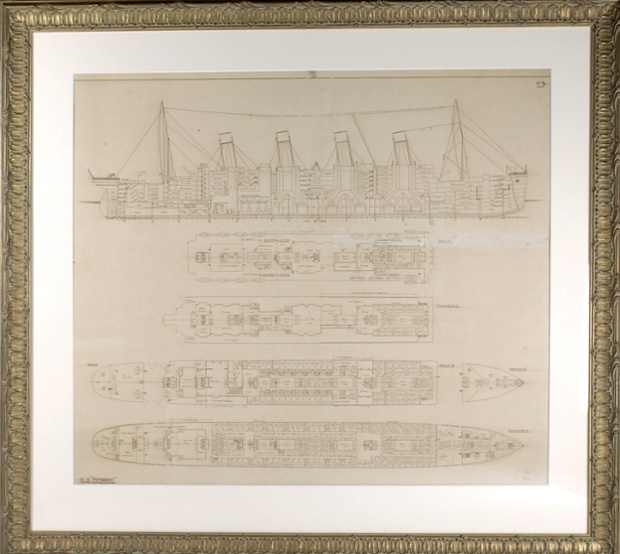 Titanic’s original 1912 building plans. The original cross-section and building plans for the RMS Titanic, drawn to a scale of 1/32 inches to one foot, and rubber stamped by Harland and Wolff, with a handwritten date within the stamp of May 1, 1912. The plans would be used during the British enquiry to demonstrate to the world what had happened on the fateful evening, just before midnight on April 14, 1912— when the largest passenger ship ever assembled struck an iceberg.