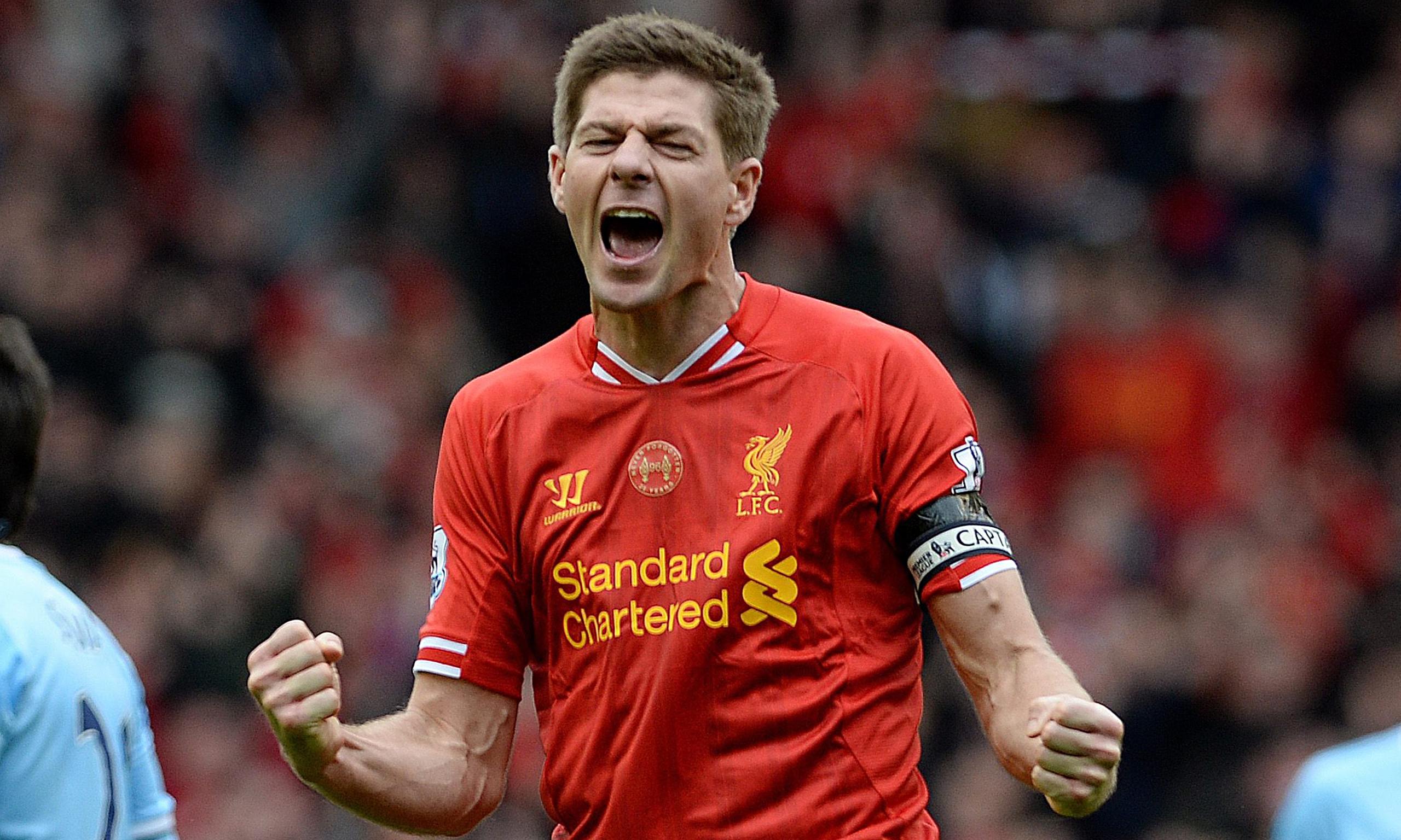  Steven Gerrard celebrates scoring a goal for Liverpool during a match at Anfield.