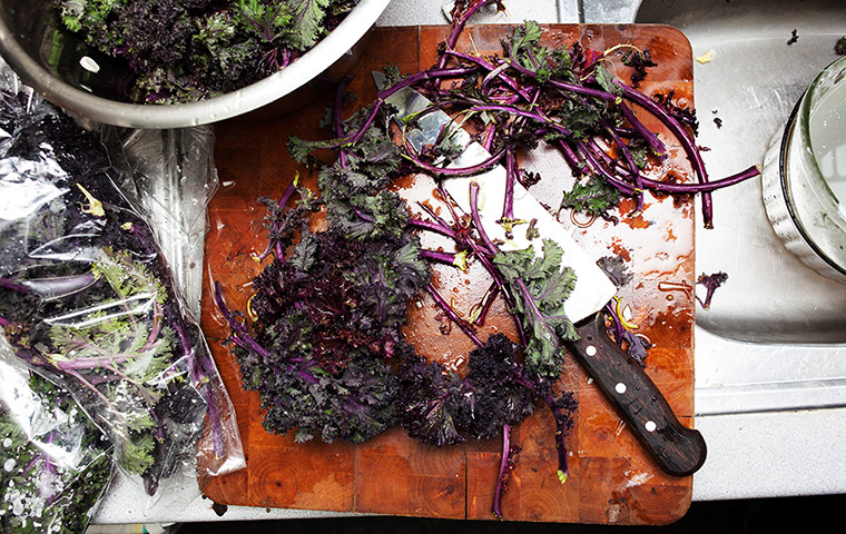Get togethers: Preparation of purple kale for Felicia's mussels in coconut milk and tamarind recipe.