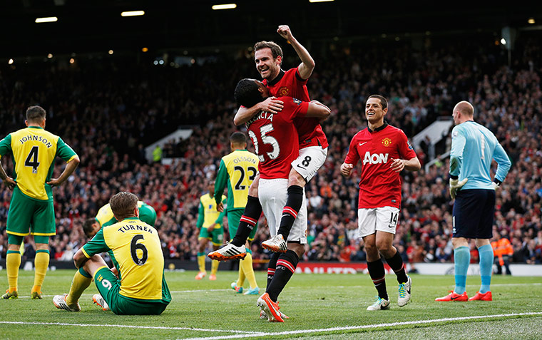 United v Norwich: Juan Mata celebrates