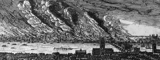 The Great Fire of London as seen from Southwark, 1666.