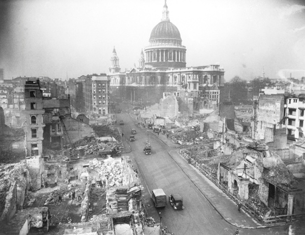 Cannon Street, looking toward St Paul's Cathedral,  virtually unscathed, after ceaseless German air raids, in 1942.