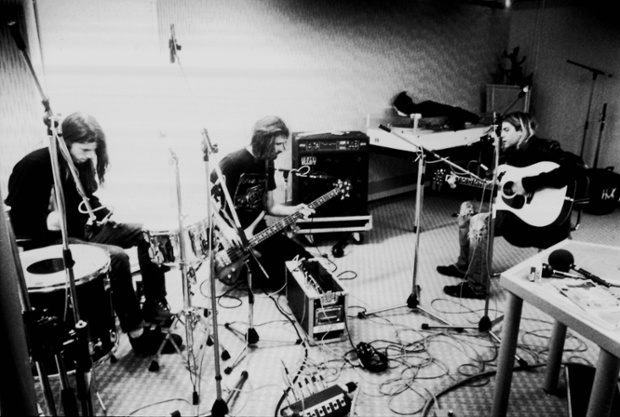 Dave Grohl, Krist Novoselic and Kurt Cobain recording in Hilversum Studios. Photograph: Michel Linssen/Redferns/Getty Images