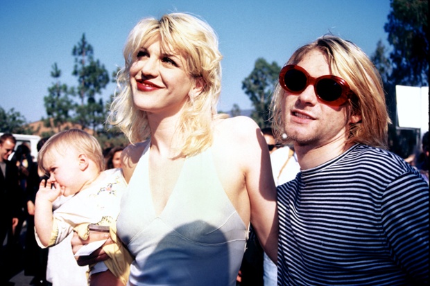 Kurt Cobain, Courtney Love and baby Frances Bean attending the 1993 MTV Music Video Awards in Los Angeles 09/02/93.