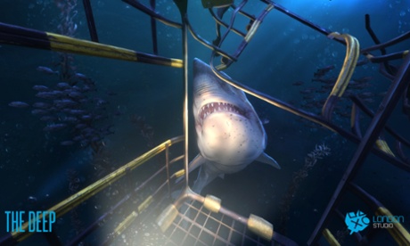 Underwater, a shark approaches the user, who is in a diving cage, in a scene from a PlayStation VR game called The Deep