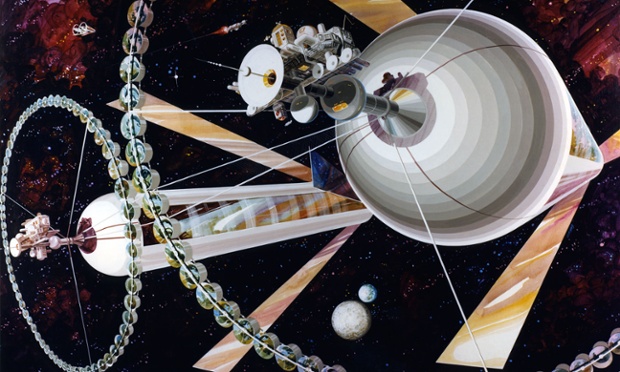 The exterior of a cylindrical space colony