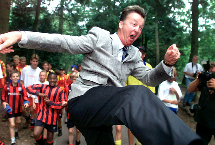 Spitz Kohn : Dutch national soccer coach Louis van Gaal performs a karate kick 